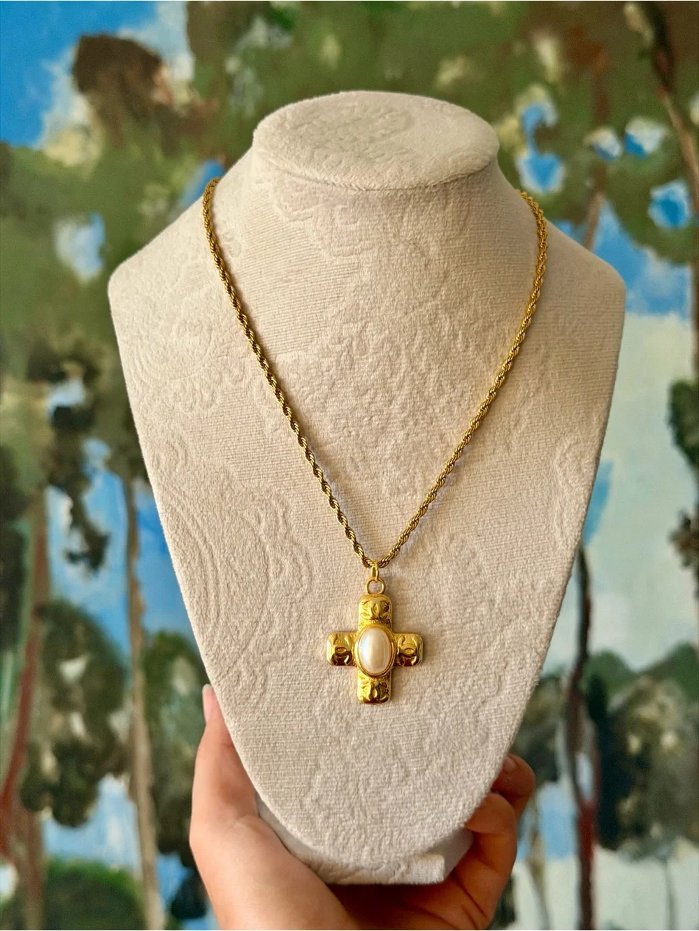 Gold Chanel Cross CC Pendant Necklace with Pearl Center